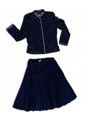 Vintage Venice Navy Two-Piece Pleated Skirt Set with White Trim